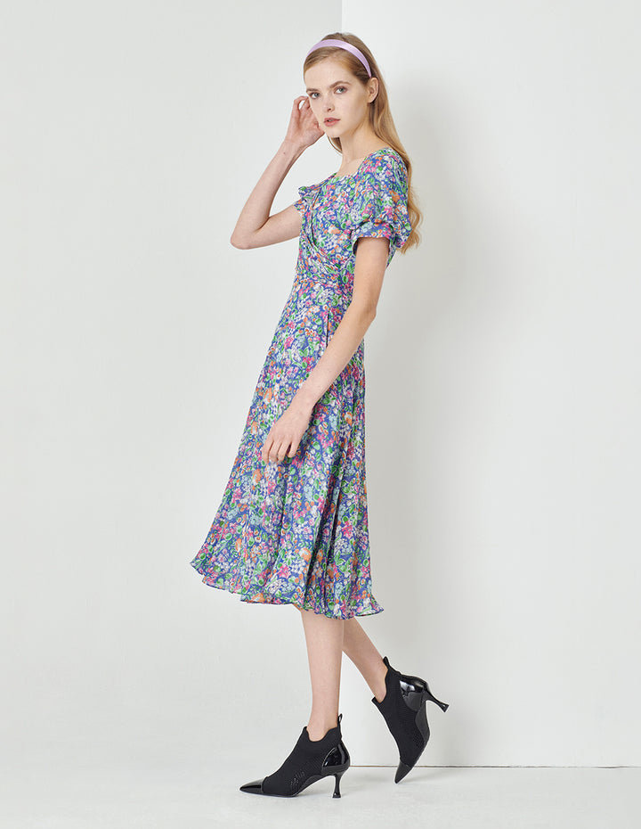 MARYLING Colourful Underwater Garden Square V-Neck Pinched Print Dress