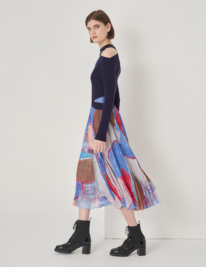 MARYLING Chiffon Print Pleated Dress