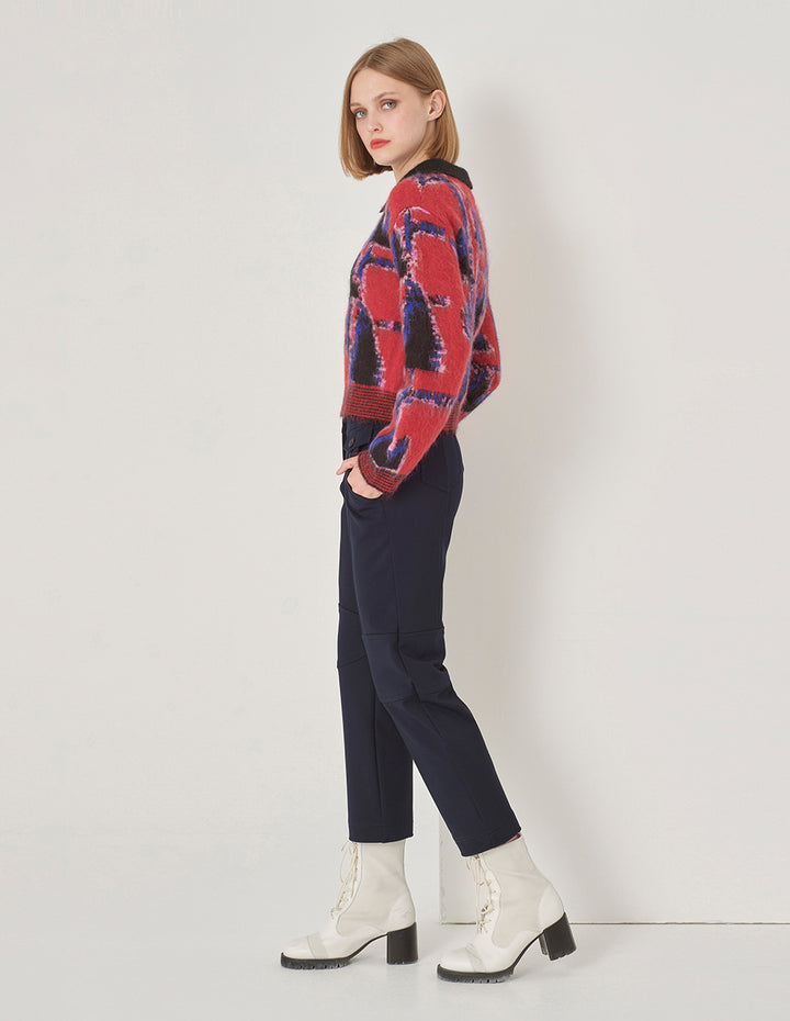 MARYLING Lapel Red And Blue Puzzle Knit Sweater