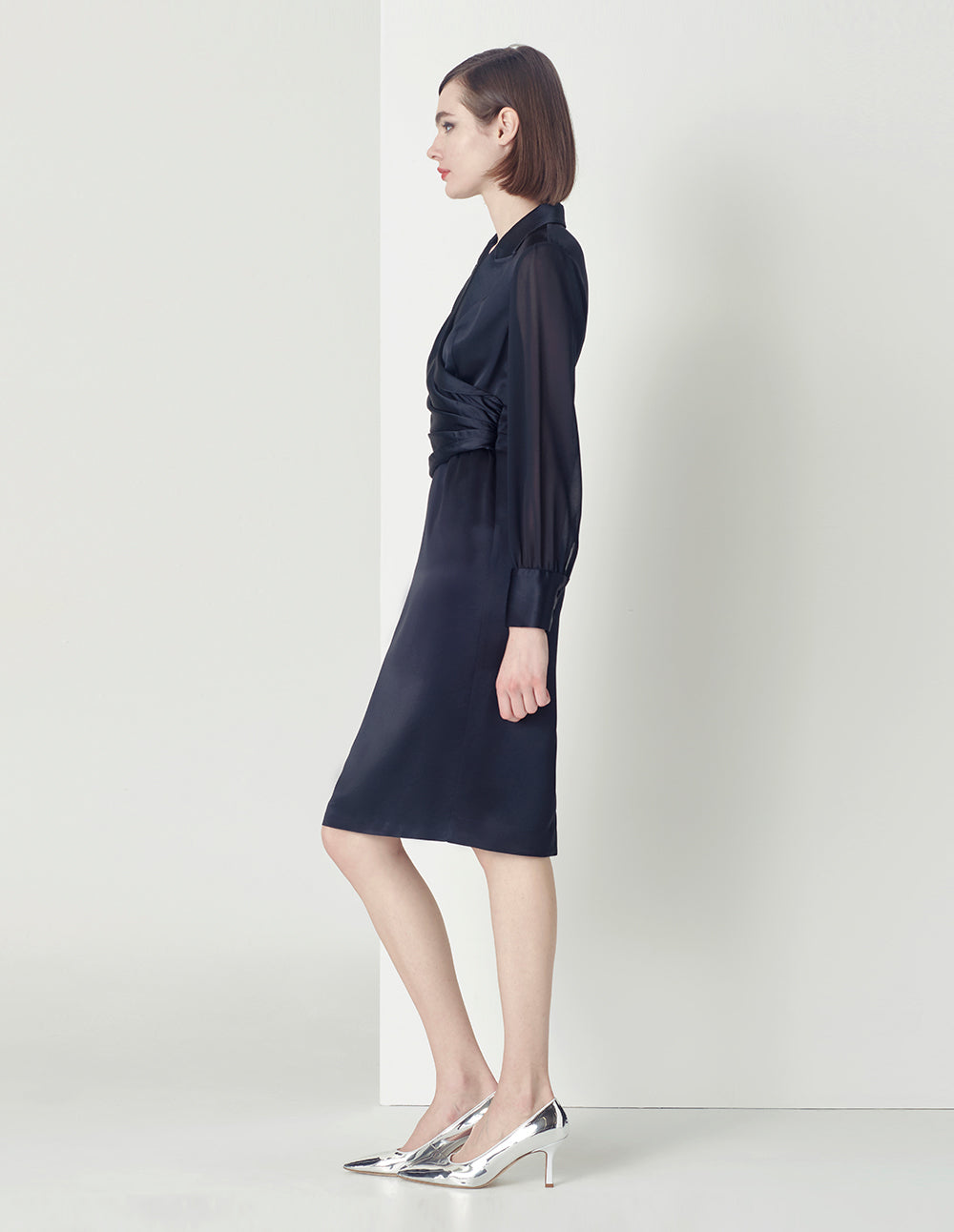 MARYLING Notch-Lapel Satin Acetate Dress