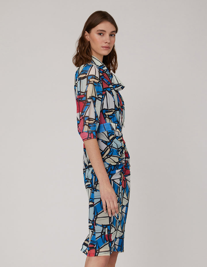 MARYLING Boat Georgette Print Bow Neck Dress