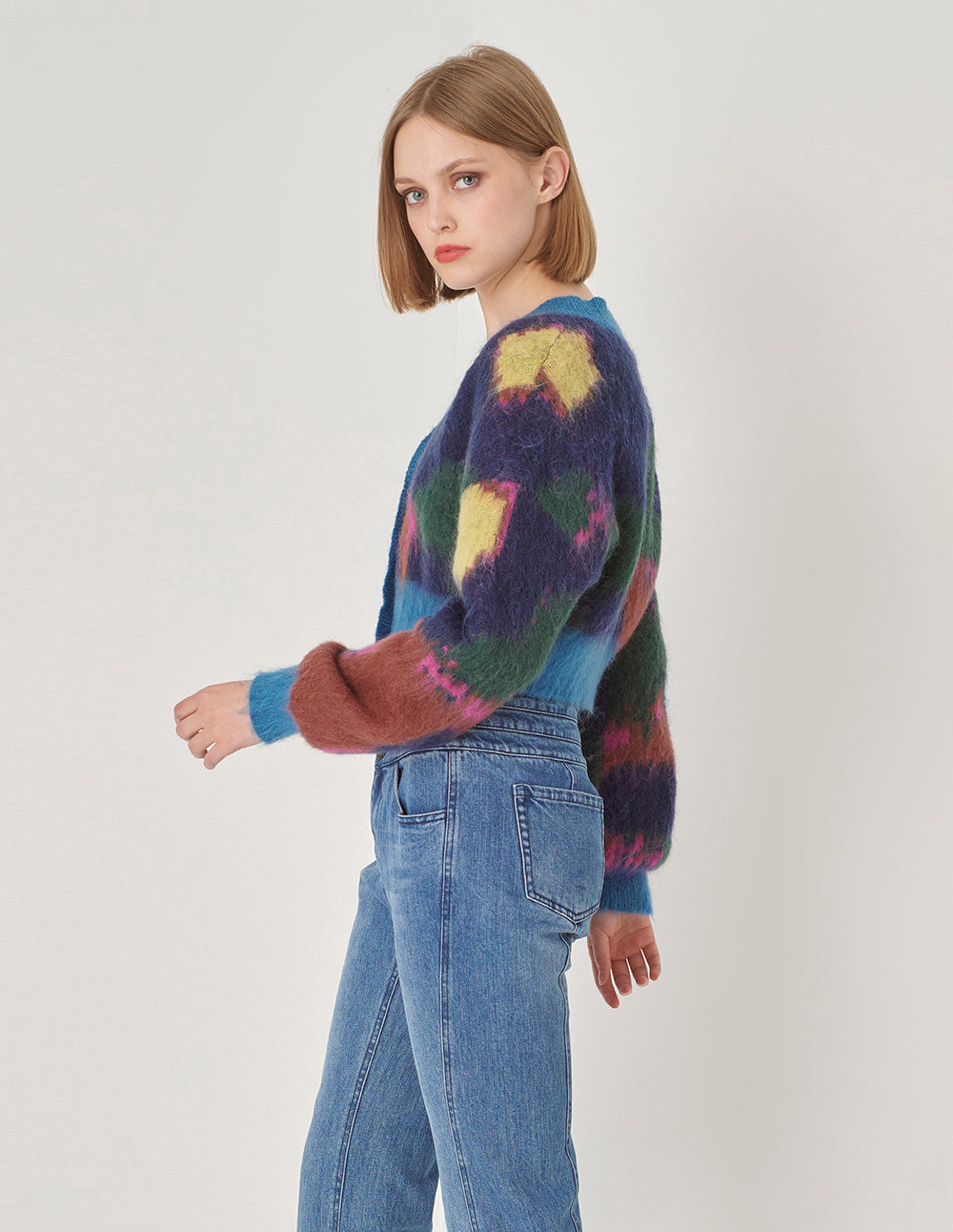 MARYLING Blue Graffiti Mixed Color Knitted Cardigan