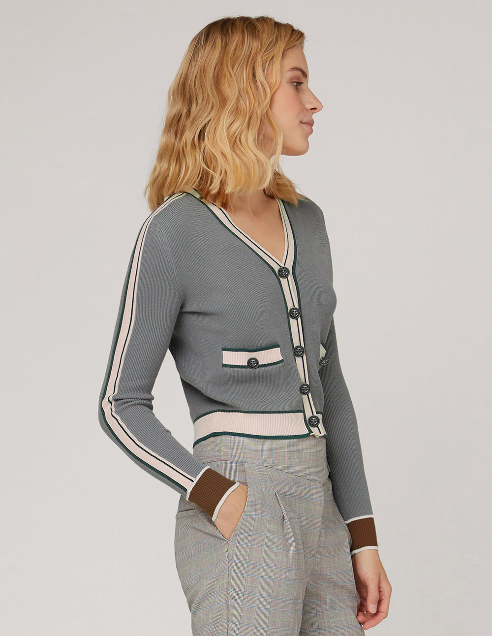 MARYLING Gray stitching slim V-neck cardigan