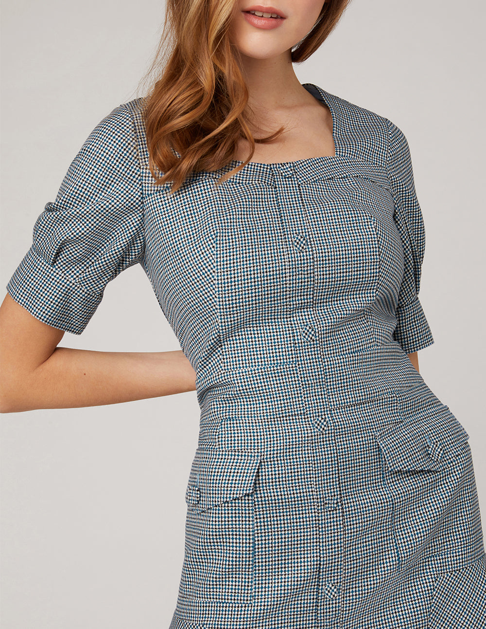 MARYLING Blue white square collar waist A swing houndstooth dress