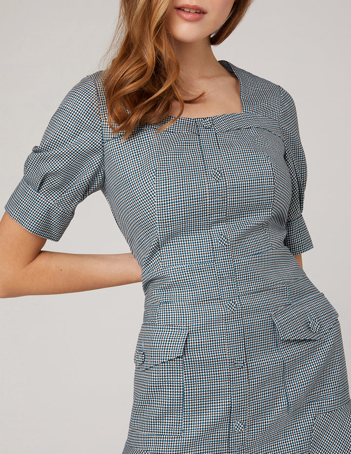 MARYLING Blue white square collar waist A swing houndstooth dress