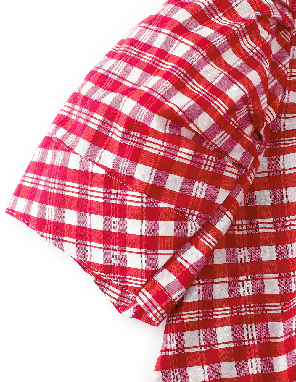 MARYLING Pink Plaid Square Neck Bubble Sleeve Plaid Top