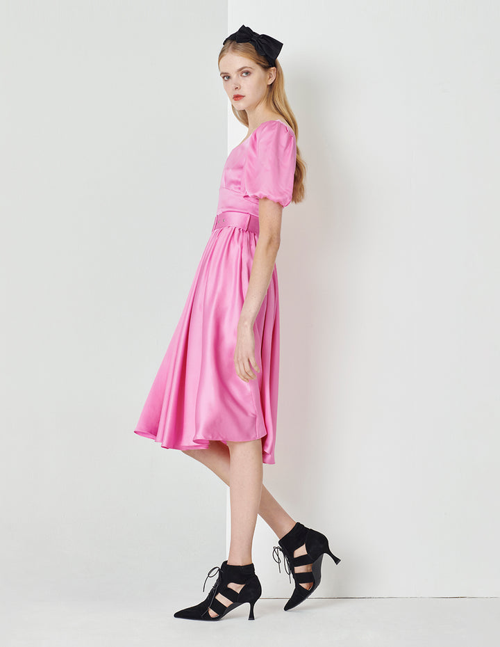 MARYLING Peach Pink Square Neck Bubble Sleeve Belted Dress