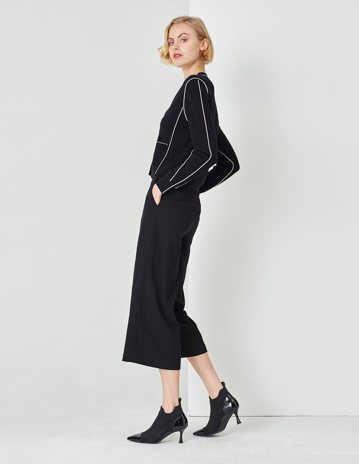 MARYLING Black Lapel Short Puff Sleeve Double-Breasted Knitted Cardigan