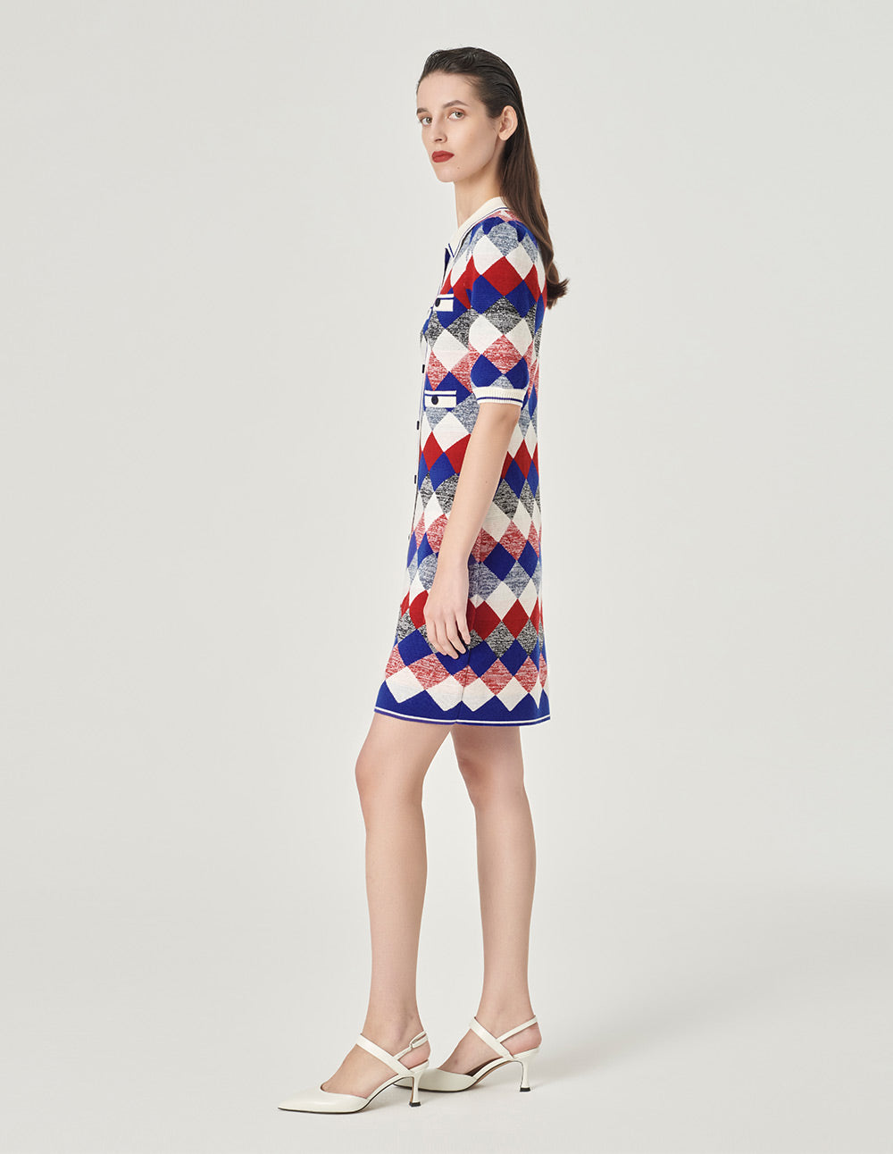 MARYLING Diamond Plaid Shirt Collar Knitted Dress