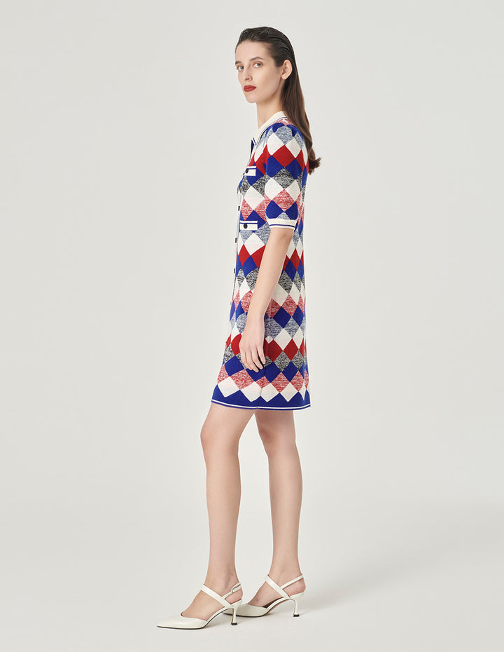 MARYLING Diamond Plaid Shirt Collar Knitted Dress