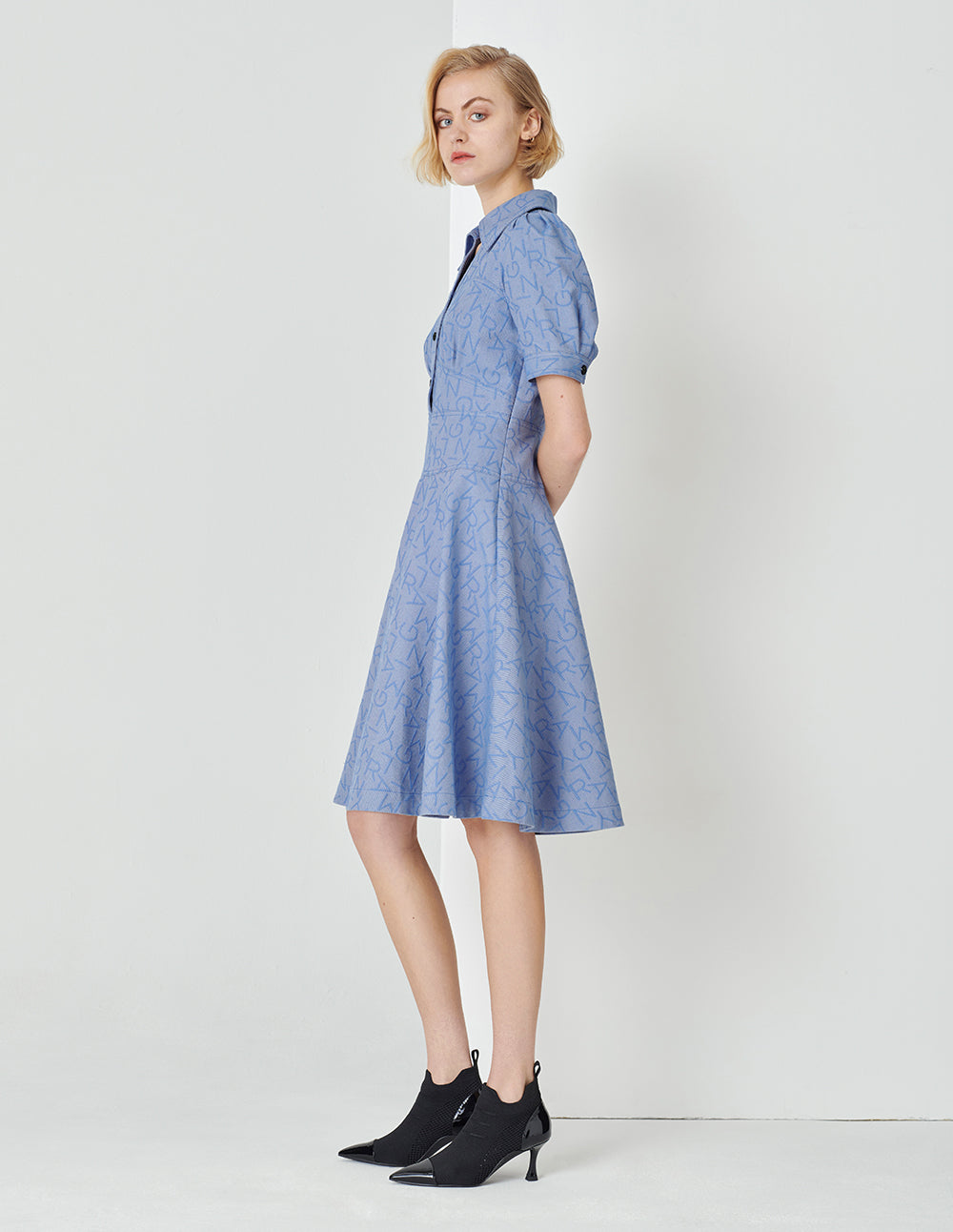 MARYLING V-Neck Puff Short-Sleeved High Waistline Blue Denim Shirt Dress