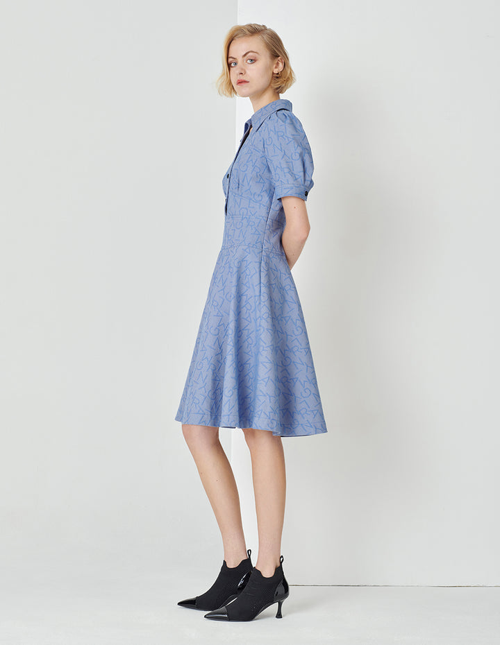 MARYLING V-Neck Puff Short-Sleeved High Waistline Blue Denim Shirt Dress