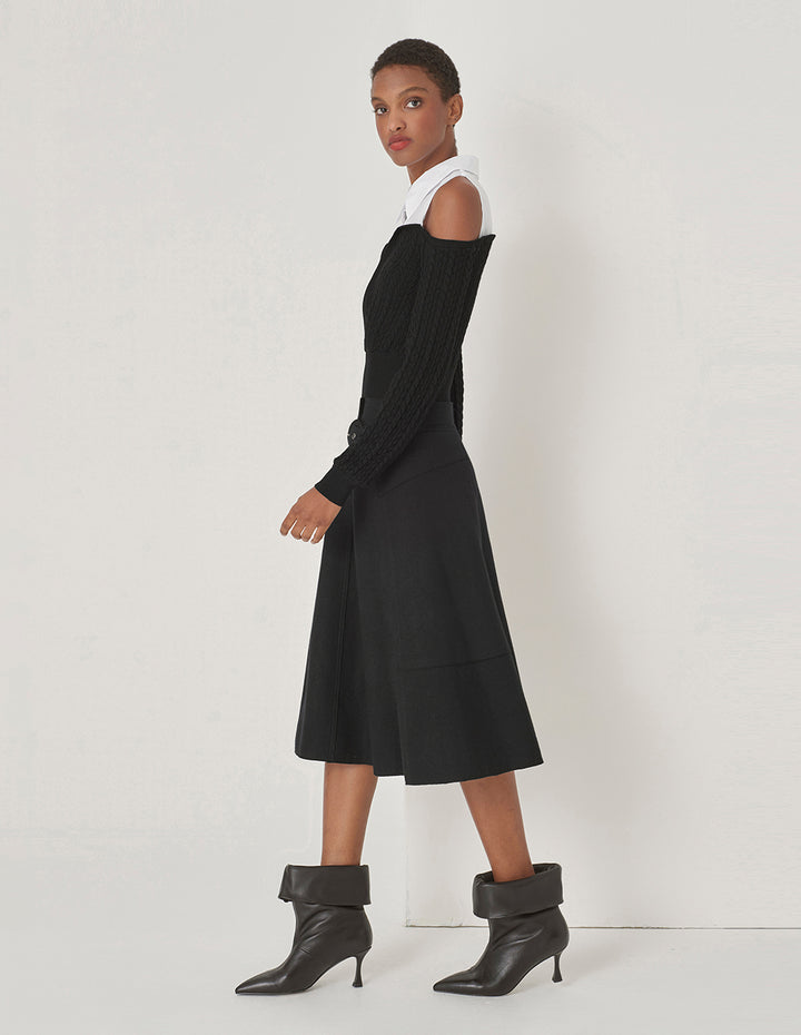 MARYLING Black And White Contrasting Off-Shoulder Stitched Top