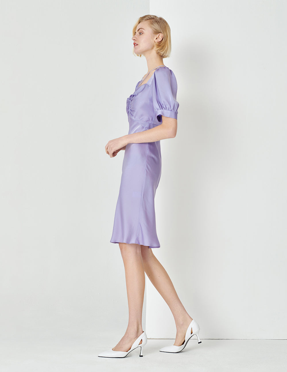MARYLING Taro Purple Small Shoulder Strap Shirred Short-Sleeved Dress