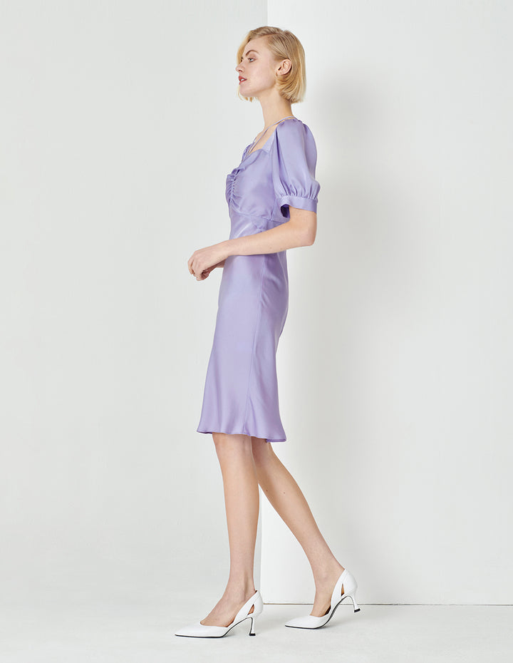 MARYLING Taro Purple Small Shoulder Strap Shirred Short-Sleeved Dress