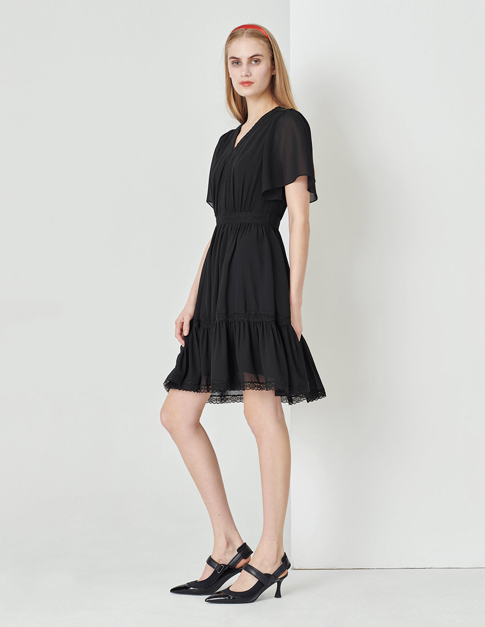 MARYLING Black V-Neck Bell Sleeve Lace Trim Georgette Dress
