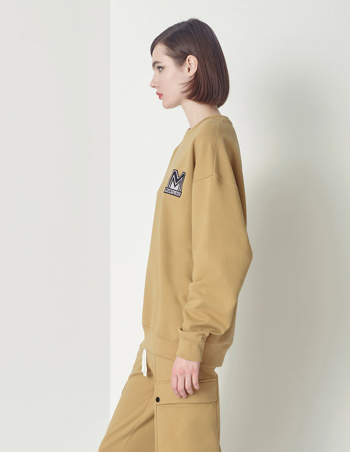Maryling Beige Loose Design M Badge Sweater