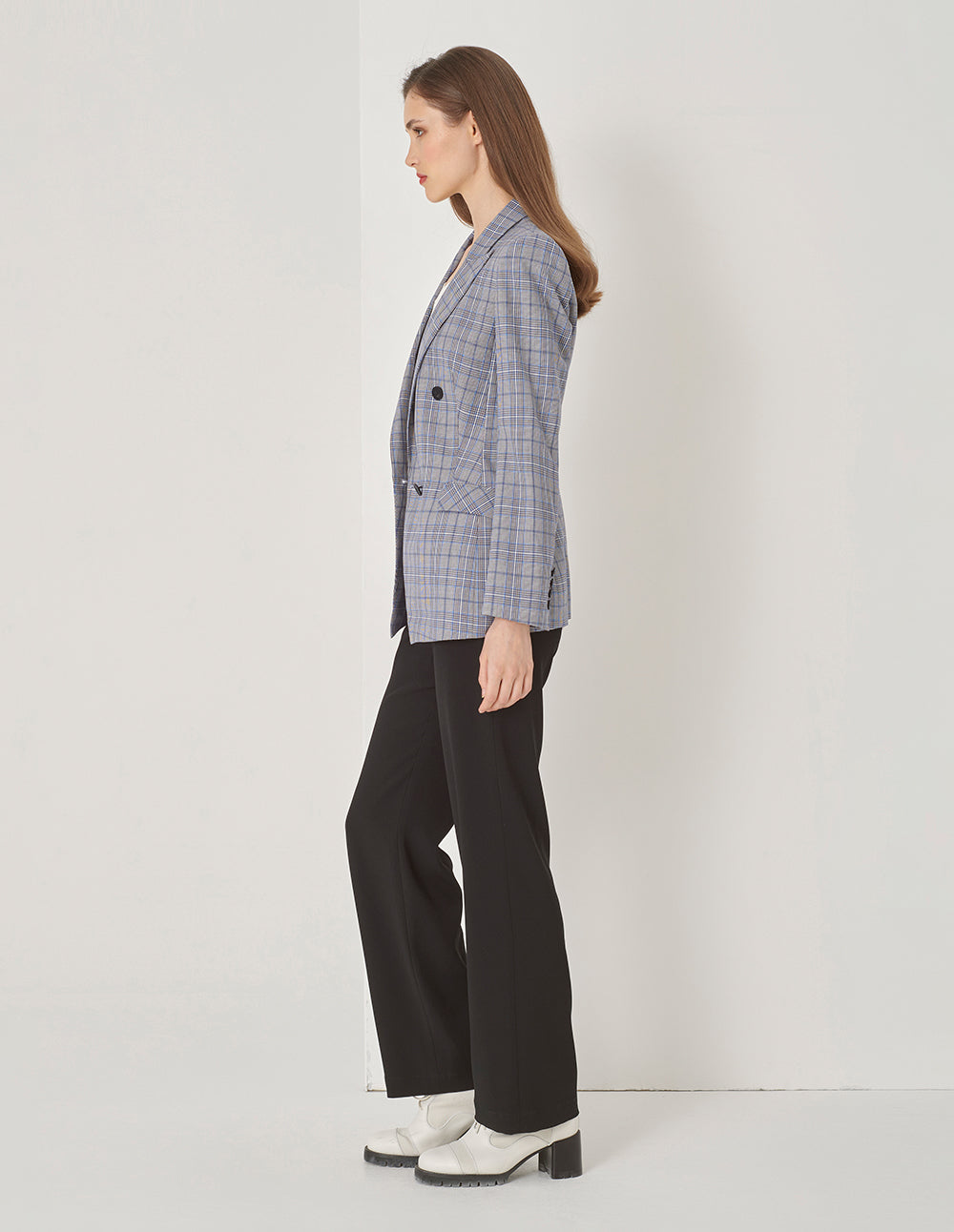 MARYLING Grey Check Gun Lapel Double Breasted Slim Blazer