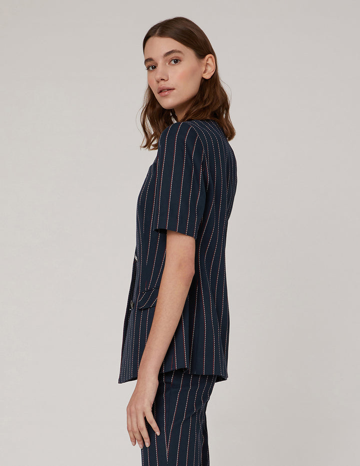 MARYLING Blue Striped Double Breasted Short Sleeve Jacket