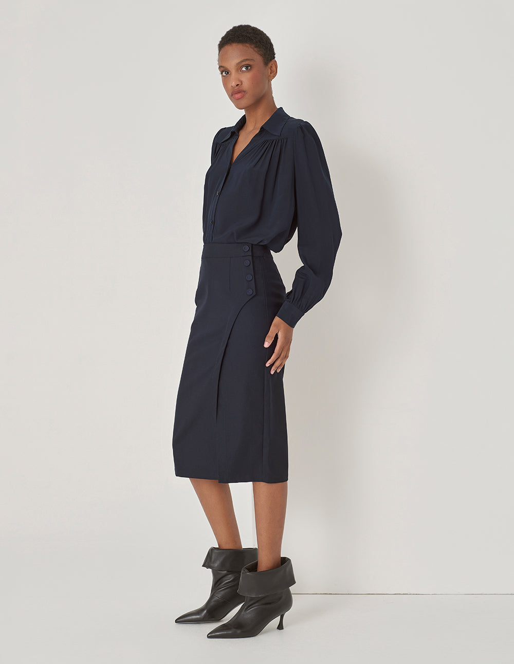 MARYLING Dark Blue V Shirt Neck Silk Shirt