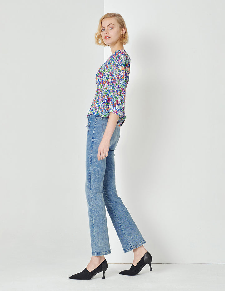 MARYLING Colourful underwater garden V-neck long-sleeved silk top