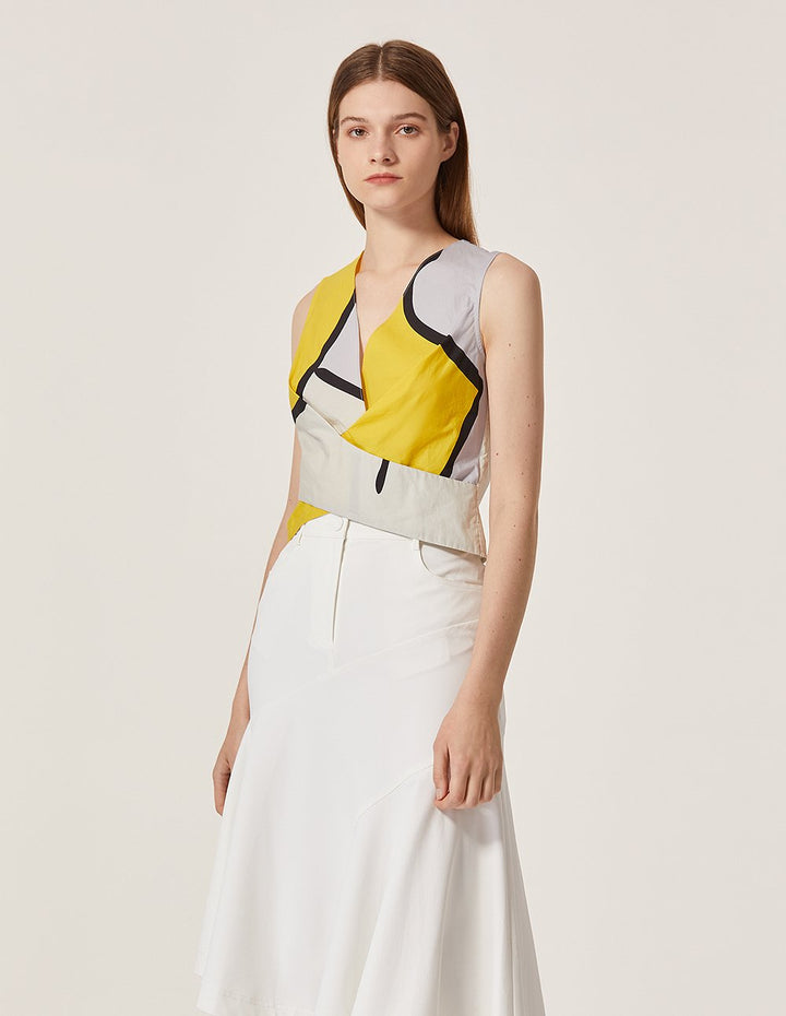 MARYLING Cotton V Neck Contrast Color Sleeveless Cropped Blouse