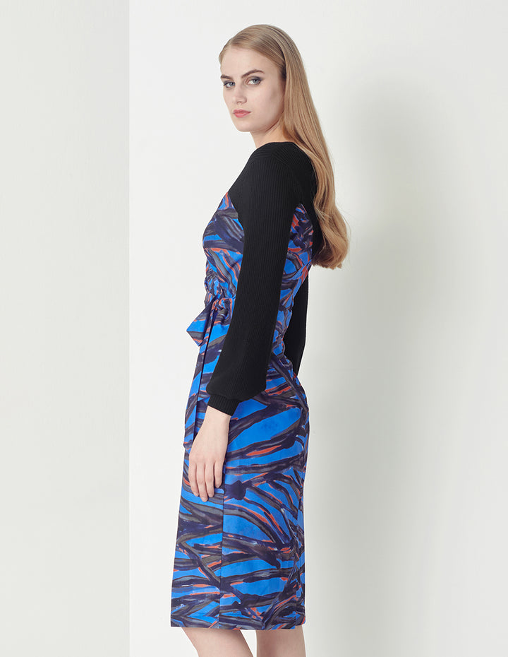 MARYLING Blue Elegant Print V-Neck Knit Dress
