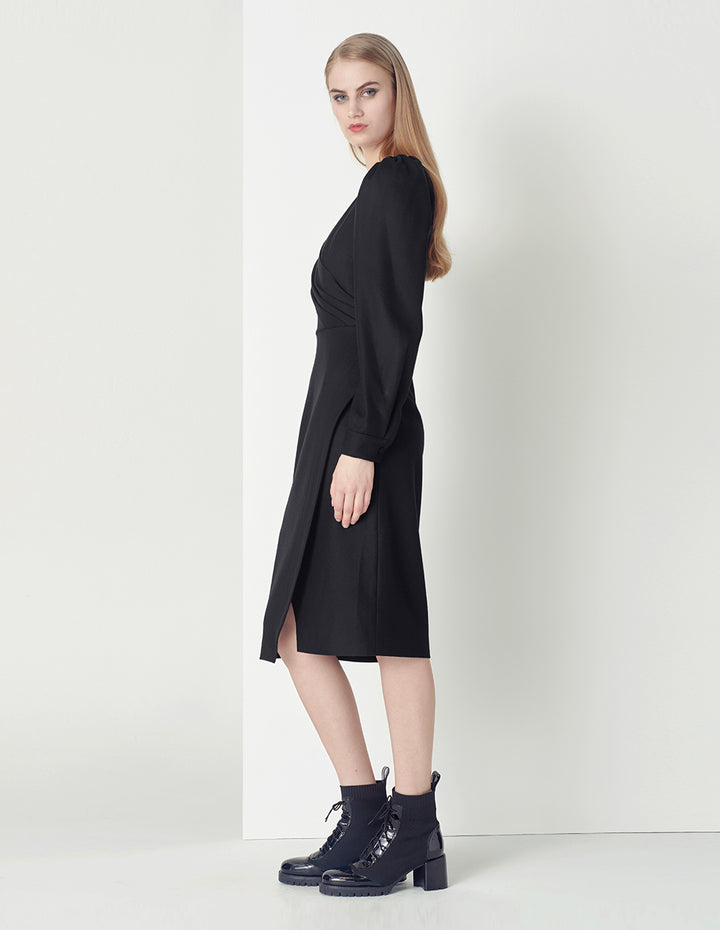 MARYLING Classic and elegant black slit wool wrap hip dress