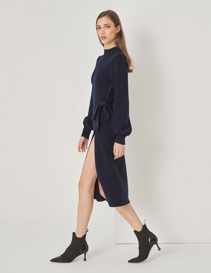 MARYLING Side Slit Waisted Woolen Dress