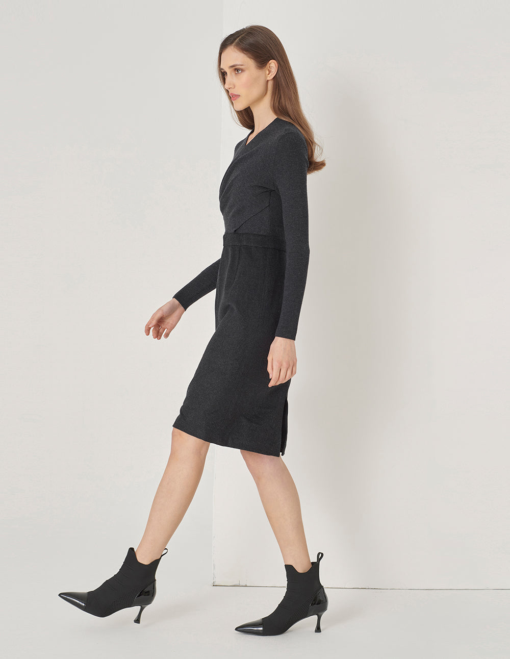 MARYLING Gray And Black Patchwork Knitted Wool Dress