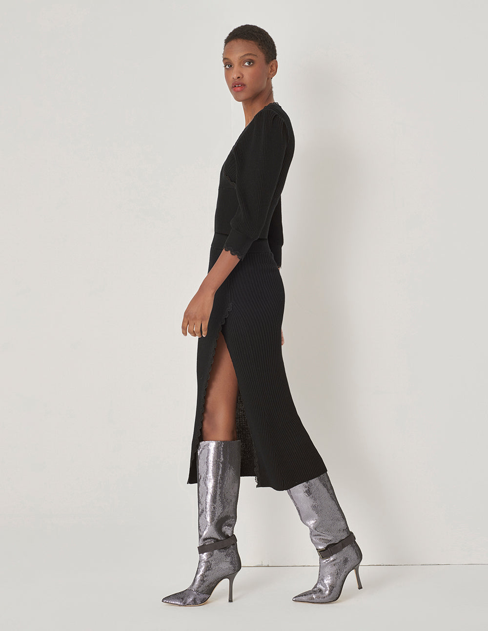 MARYLING Knit And Lace Skirt With Side Slits