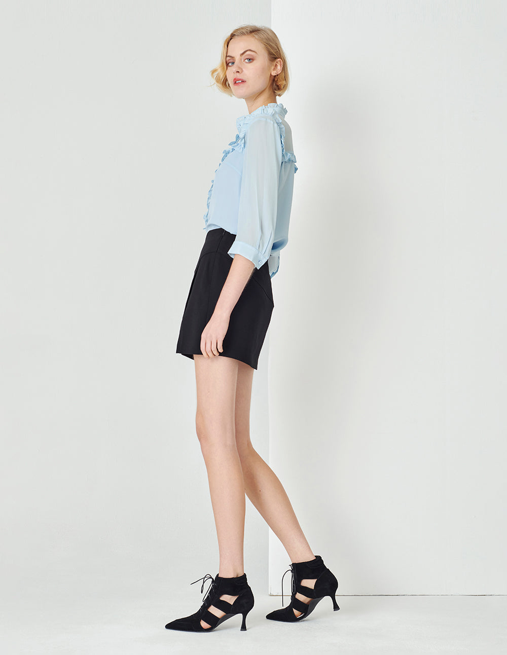 MARYLING Ice Blue Small Stand Collar Three Quarter Sleeve Shirt With Wooden Ears