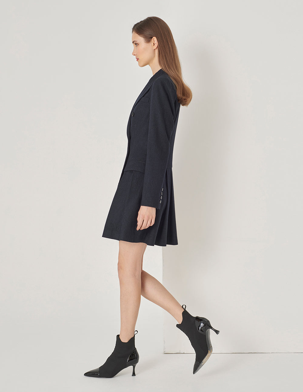 Maryling Navy Striped Double-Breasted Button-Down Dress With Pointed Collar