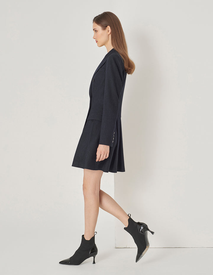 Maryling Navy Striped Double-Breasted Button-Down Dress With Pointed Collar