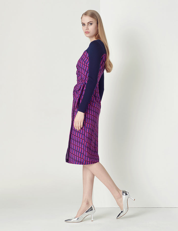 MARYLING blue and red plaid knitted V-neck slim fit dress