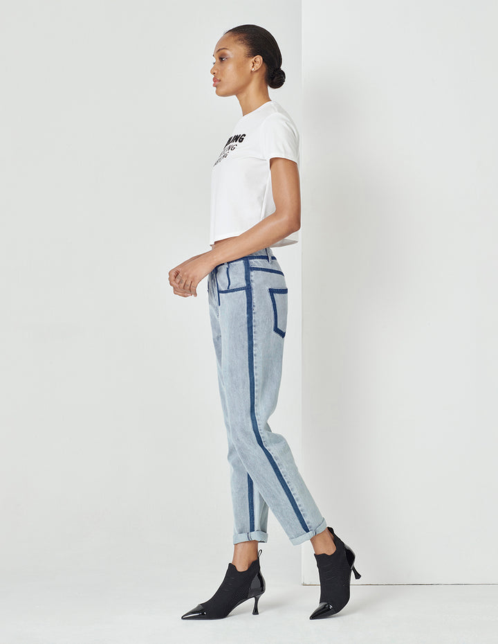 MARYLING Contrast Striped Denim Cropped Pencil Pants