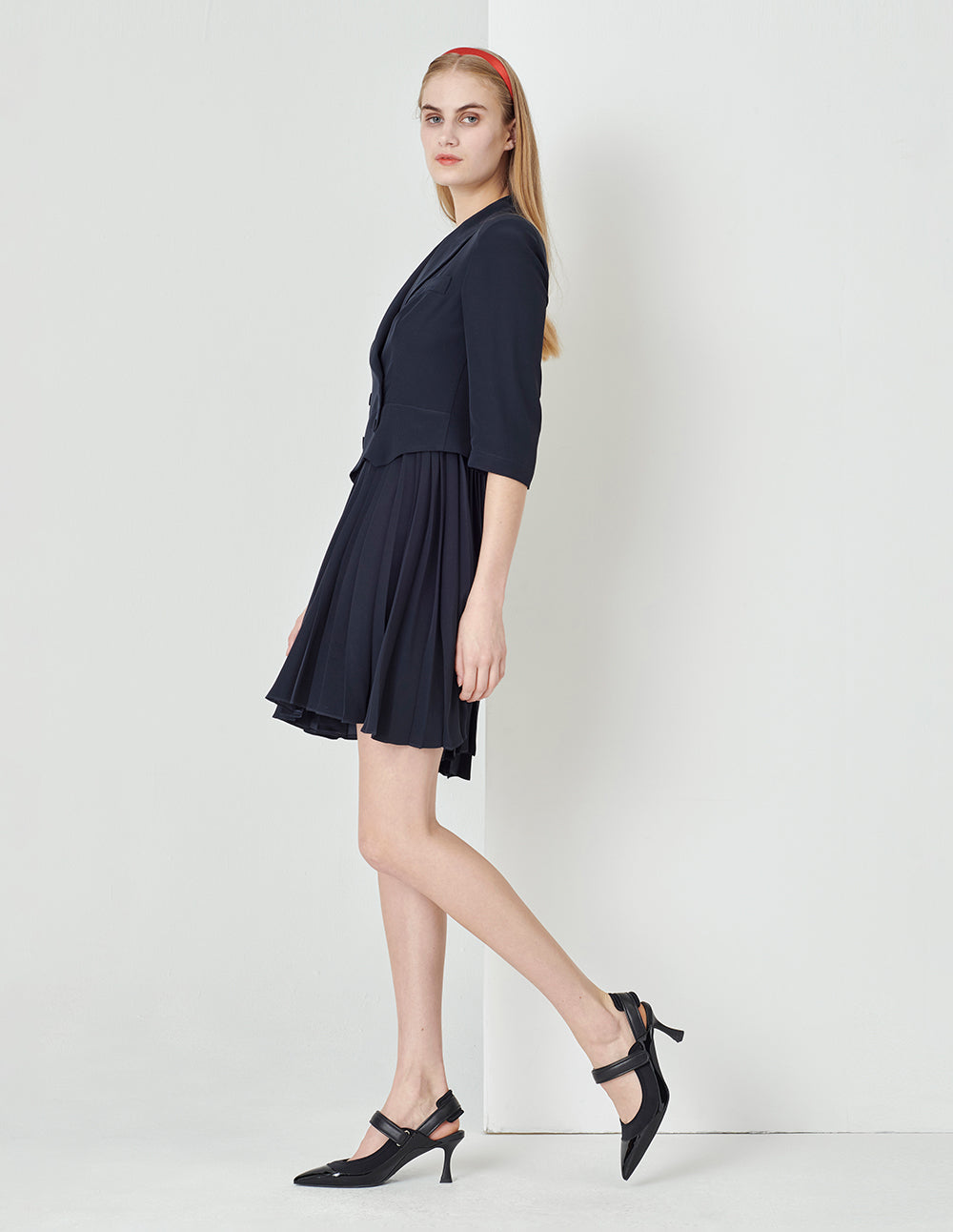 MARYLING Dark Blue Faux Two-Piece Suit Pleated Dress