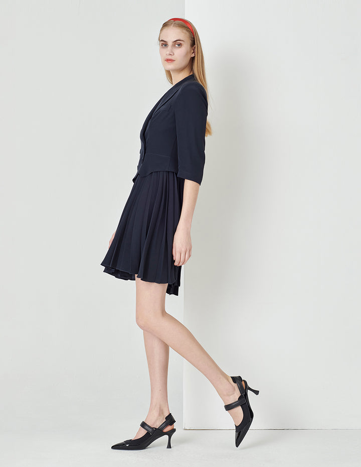 MARYLING Dark Blue Faux Two-Piece Suit Pleated Dress