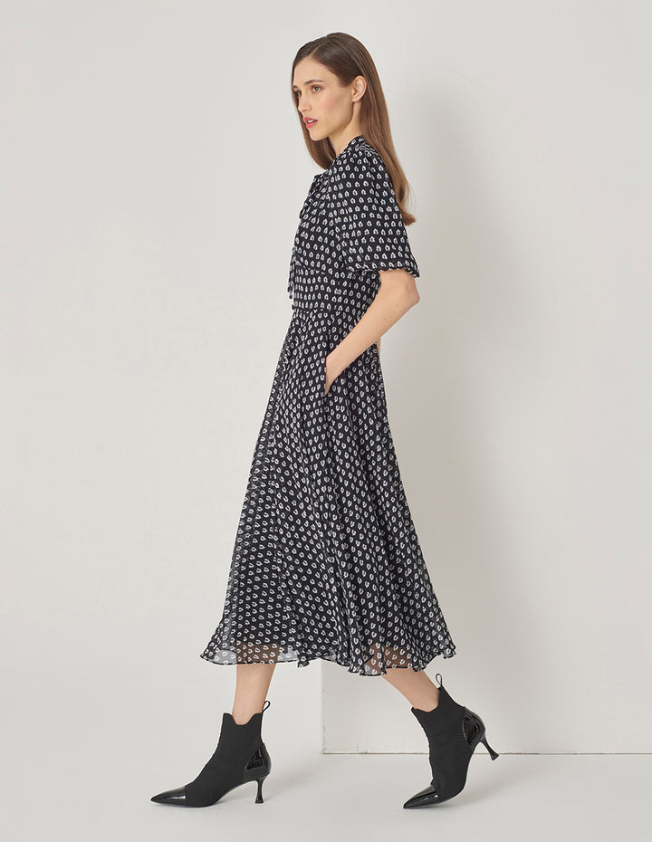 MARYLING Black And White Forest Tie Bow Shirt Dress