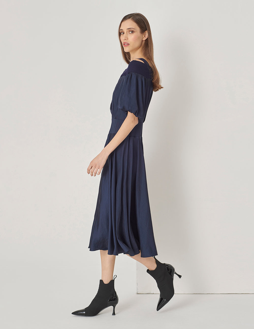 MARYLING Dark Blue Metallic Zipper Off-Shoulder Puff Sleeve Dress