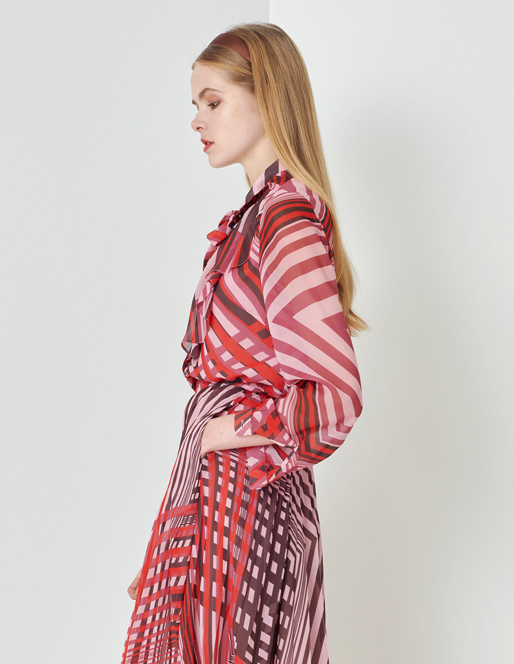 MARYLING Pink Striped Peplum Bow Blouse