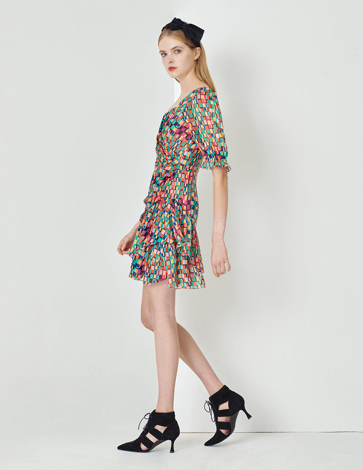 MARYLING Colourful Checkered Ruffle Detail Bubble Sleeve Printed Dress