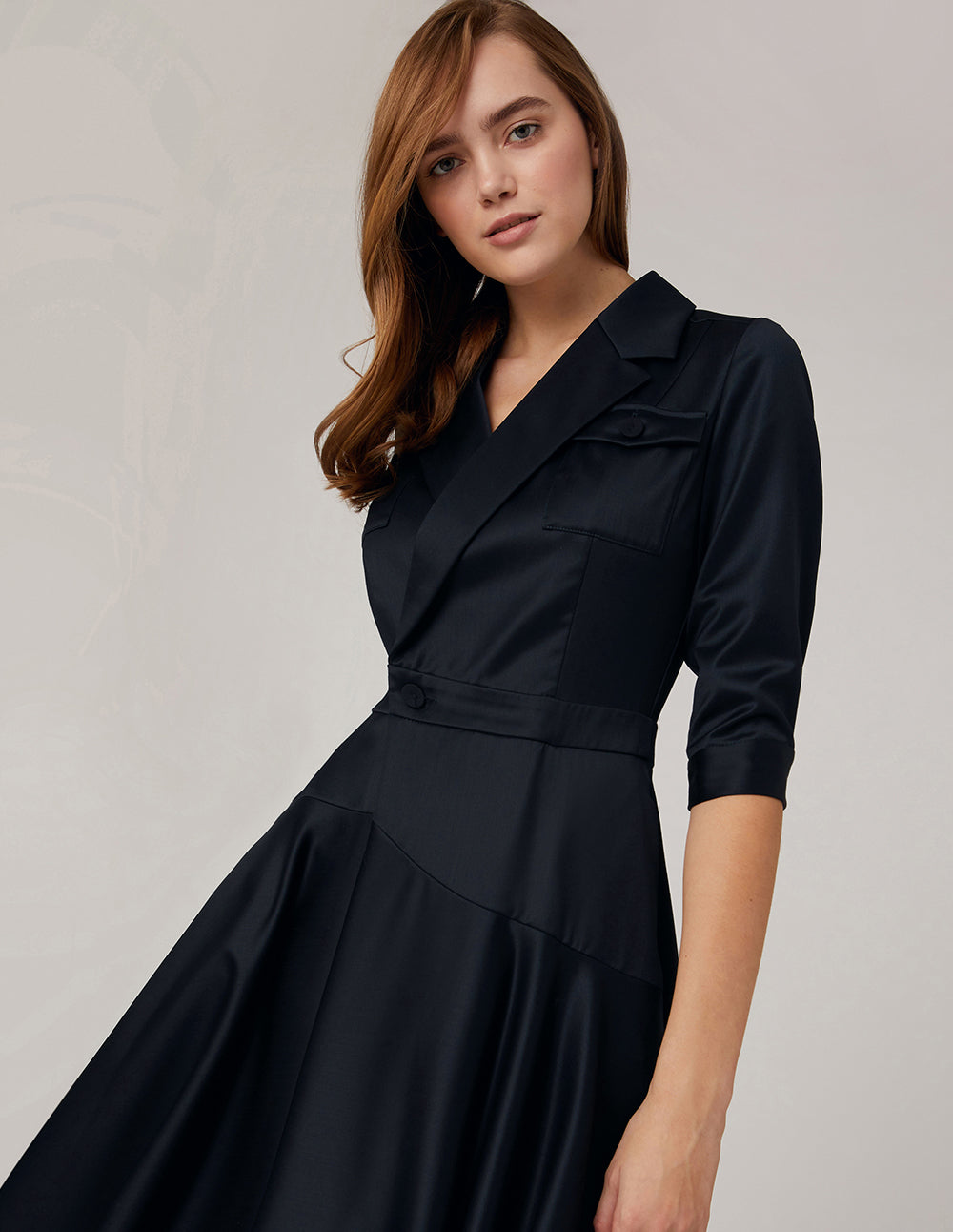 MARYLING Notch Lapel Asymmetrical Flared Dress