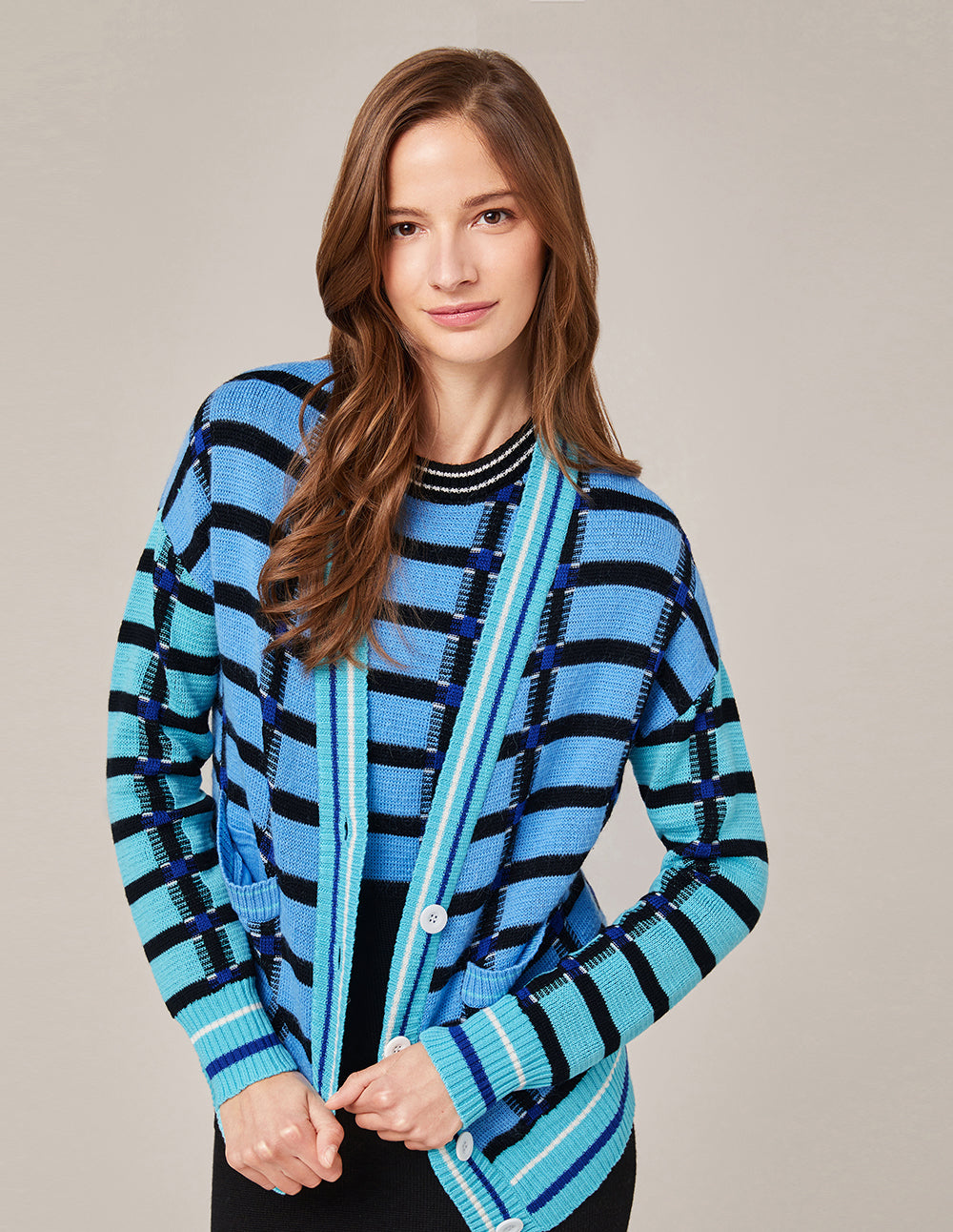 MARYLING Crew Neck Sleeveless Check Knitted Dress