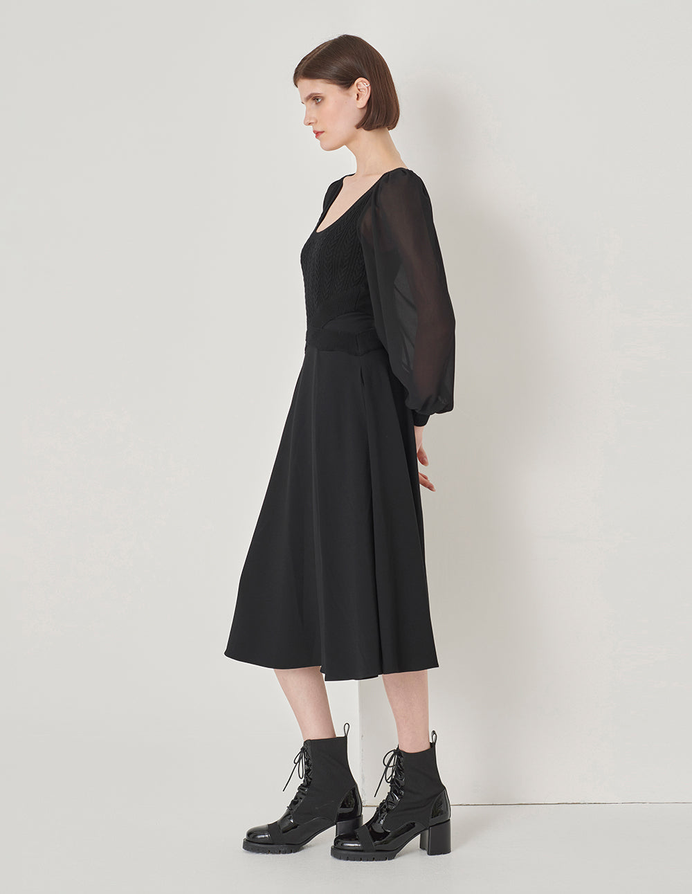 MARYLING Black Square Neck Knitted Patchwork Georgette Sleeve Dress