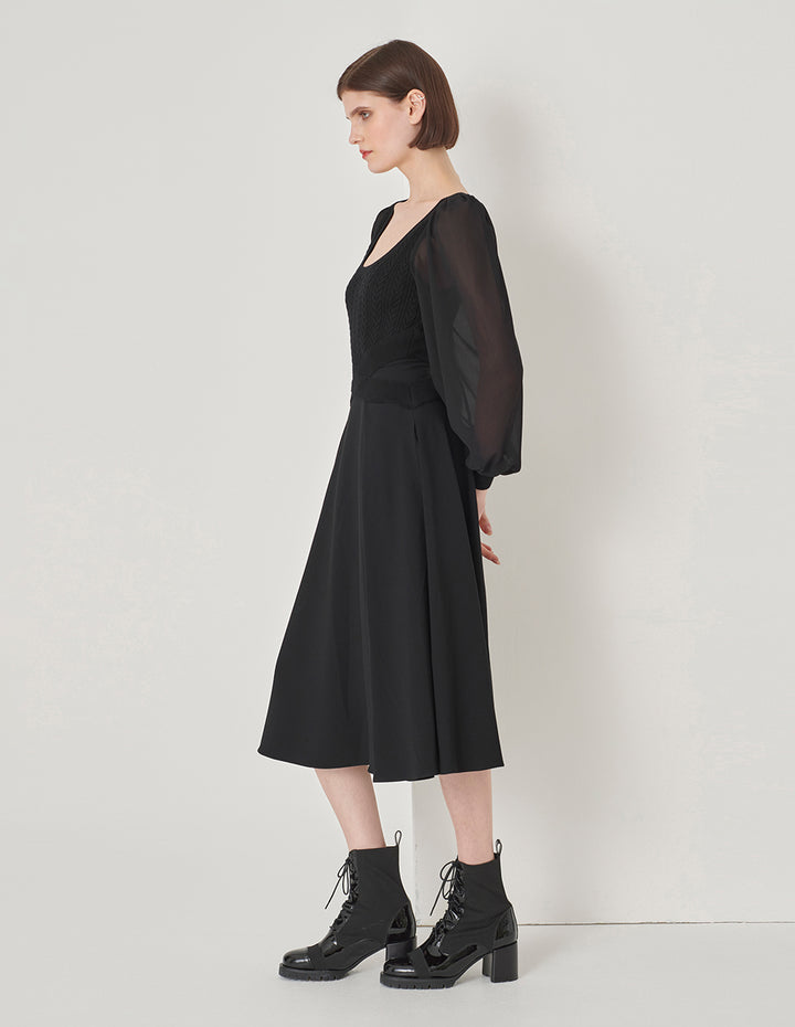 MARYLING Black Square Neck Knitted Patchwork Georgette Sleeve Dress