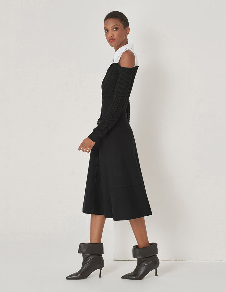 MARYLING Black Curved Waist Split A-Hem Skirt