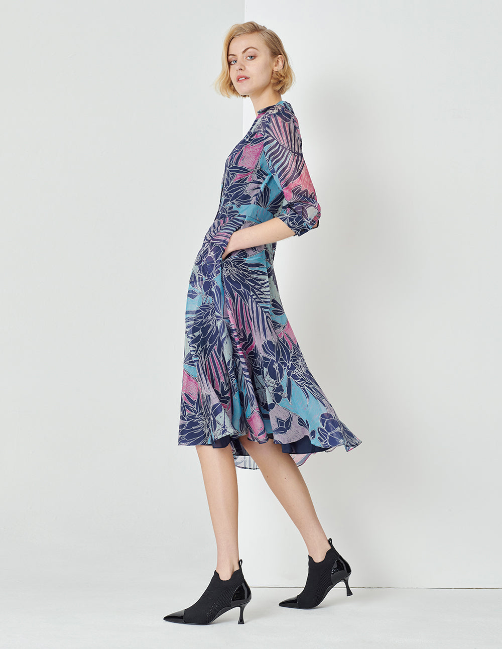 MARYLING V-Neck Shirt-Style Organza Printed Dress