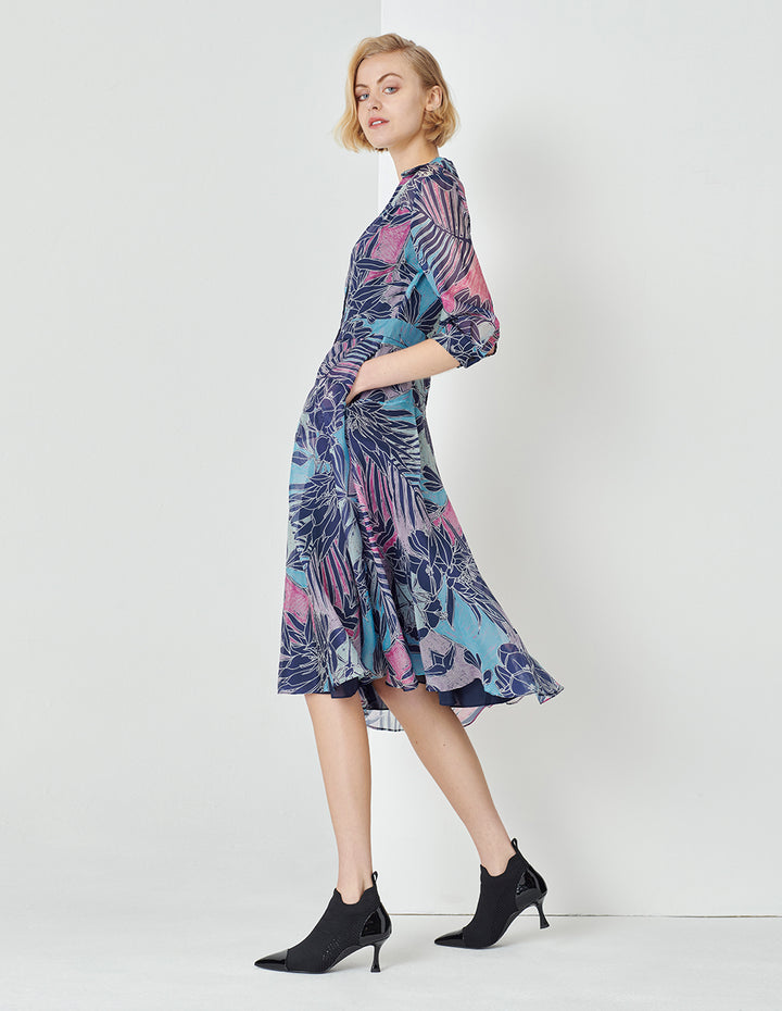 MARYLING V-Neck Shirt-Style Organza Printed Dress