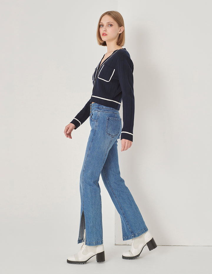 MARYLING Dark Blue Knitted Cardigan With White Trim